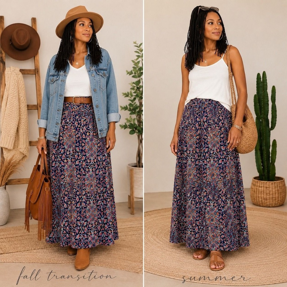 XL 32 Artisany Boho Paisley Maxi Skirt Festival Cottagecore Navy
